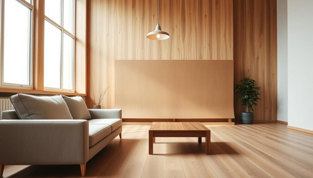 A minimalist interior with natural wood tones, bathed in warm, diffused lighting from large windows. The foreground features a sleek, low-profile sofa with clean lines and neutral upholstery, complemented by a wooden coffee table. The middle ground showcases a striking accent wall in a muted, earthy tone, creating a serene and grounding atmosphere. In the background, a minimalist pendant light casts a soft glow, illuminating the space. The overall composition conveys a sense of balance, simplicity, and a harmonious integration of natural materials. Captured at a mid-angle with a wide lens to showcase the spacious, uncluttered layout.