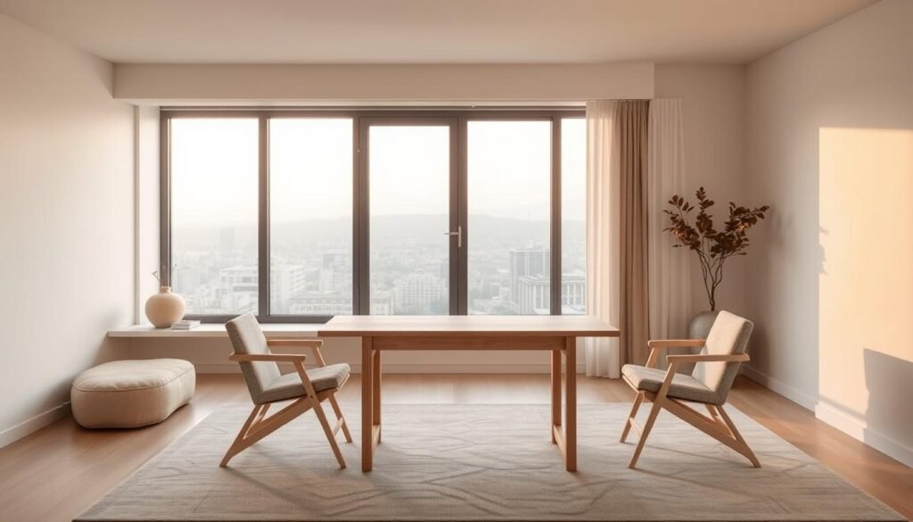 A minimalist, modern living room with a central focus on a sleek, foldable table and chair set. The table is made of light-colored wood with clean lines and a minimalist design, seamlessly folding and unfolding to reveal a compact, space-saving profile. The accompanying chairs are upholstered in a neutral, textured fabric, their slim silhouettes complementing the table's versatile form. Soft, diffused lighting casts a warm glow, highlighting the natural materiality and elegant simplicity of the foldable furniture pieces. The room is framed by a large window overlooking a serene urban landscape, creating a sense of openness and tranquility.