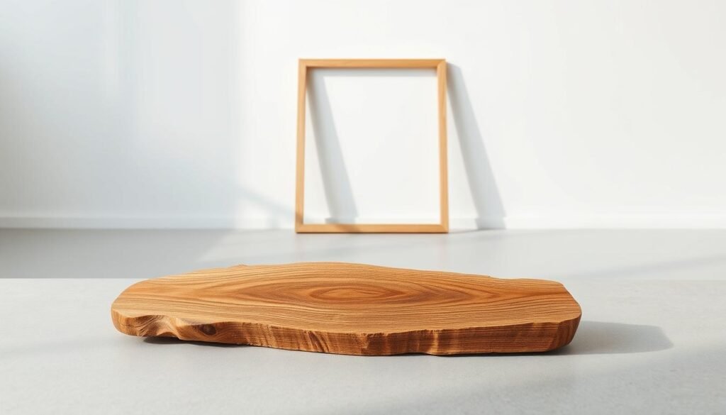 A minimalist, serene composition showcasing the natural beauty of fine-grained wood textures. In the foreground, a smooth, unfinished wooden slab rests on a muted grey surface, its organic patterns and warm tones accentuated by soft, directional lighting from above. In the middle ground, a simple wooden frame leans against a clean, white wall, casting subtle shadows that add depth and dimension. The background features a plain, white backdrop, allowing the natural wood elements to take center stage and creating a calming, gallery-like atmosphere. The overall scene evokes a sense of simplicity, elegance, and a reverence for the inherent beauty of natural materials.