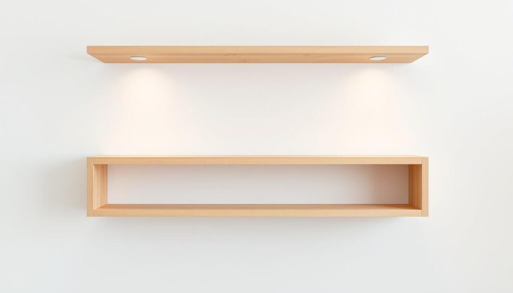 A minimalist, wall-mounted shelving unit made of sleek, light-colored wood. The shelves are evenly spaced, with clean lines and a modern, Scandinavian-inspired design. The shelves are positioned against a plain, white wall, allowing the natural wood grain to stand out. Gentle, indirect lighting casts a soft, warm glow on the shelves, highlighting their simple yet elegant form. The overall composition emphasizes the shelves' functionality and visual appeal, creating a harmonious and serene display space perfect for a small, tidy living area.