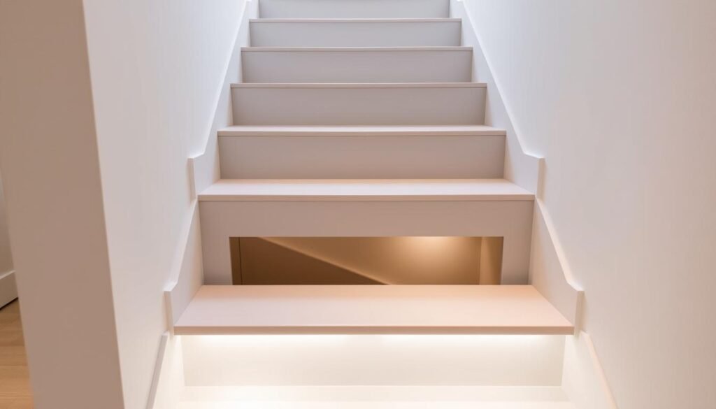 A minimalist, well-lit staircase with a hidden storage compartment built seamlessly into the steps. The steps have a sleek, modern design with clean lines and a muted color palette. The storage compartment is discreetly integrated, blending seamlessly with the overall aesthetic. Soft, directional lighting illuminates the stairs, highlighting the hidden storage's functionality and the simple, elegant design. The scene is captured from a slightly elevated angle, showcasing the staircase's refined, uncluttered appearance and the clever integration of the storage solution.