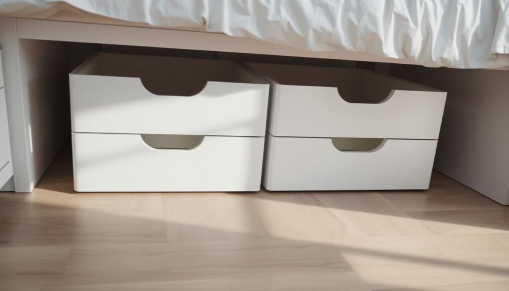 A minimalist, well-organized under-bed storage solution, with sleek white drawers and an uncluttered, contemporary aesthetic. The drawers are arranged in a clean, symmetrical layout, casting subtle shadows on the muted hardwood floor beneath. Soft, even lighting illuminates the scene, creating a sense of tranquility and order. The composition emphasizes the practical functionality of the storage, while maintaining a visually appealing, minimalist style that complements a small, modern living space.