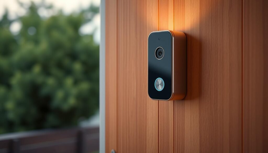 A modern and sleek Ring Video Doorbell mounted on a stylish, minimalist wooden door frame. The device is highlighted by warm, directional lighting that casts a soft glow, emphasizing its clean lines and premium materials. The doorbell's camera is prominently displayed, conveying a sense of vigilant security. The background features a tranquil, blurred suburban scene with lush greenery, hinting at the intelligent home technology's role in safeguarding a peaceful domestic environment. The overall composition radiates a sophisticated, high-tech aesthetic that seamlessly integrates security and interior design.