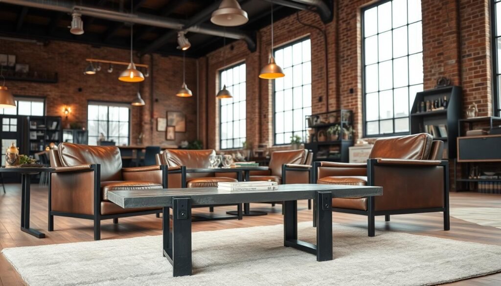 A modern industrial-style living room with a central focus on the furniture. In the foreground, a rugged metal coffee table with a sleek, minimalist design. In the middle ground, a pair of distressed leather armchairs with metal frames, positioned around the coffee table. The background features exposed brick walls, high ceilings, and large windows that flood the space with natural light. The lighting is a mix of warm, industrial-style pendant lamps and subtle ambient lighting, creating a cozy, sophisticated atmosphere. The overall aesthetic is a harmonious blend of rustic, urban, and contemporary elements, perfectly suited for an elevated urban living space.