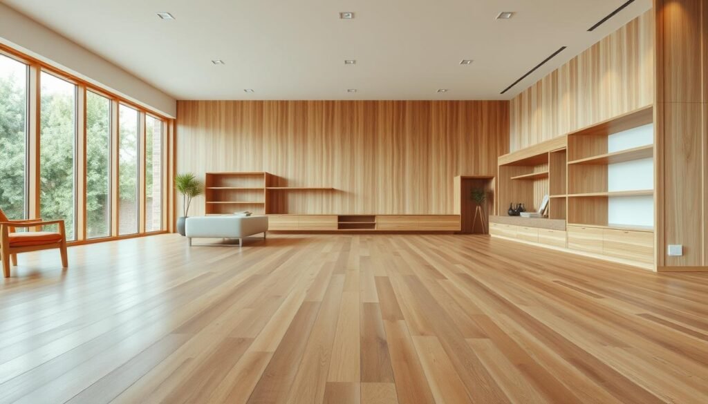 A modern, minimalist interior with natural wood accents throughout. In the foreground, a seamless wooden floor with a rich, warm grain extends across the space. In the middle ground, sleek wooden furniture and shelving units create a cohesive, clean-lined aesthetic. The background features large windows allowing ample natural light to flood the room, casting a soft, diffused glow and highlighting the organic texture of the wood. The overall mood is one of understated elegance and a harmonious balance between the built environment and nature. Photographed with a wide-angle lens to capture the spaciousness of the room.