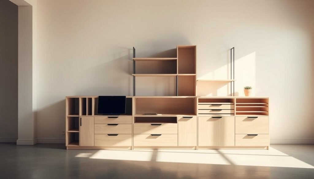 A modern, minimalist multi-functional furniture piece in a well-lit, airy studio space. A clean-lined, modular design with adjustable shelves, drawers, and a hidden desk or workspace. Crafted from light-colored wood and sleek metal accents, bathed in soft, directional lighting that casts warm shadows. The piece seamlessly blends form and function, occupying a versatile, uncluttered space that exudes a sense of simplicity and practicality.