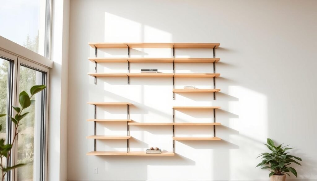 A modern, minimalist vertical storage system with sleek, floating shelves in a bright, airy room. The shelves are made of light-colored wood or metal, with clean lines and a simple, minimalist design. The shelves are mounted to the wall at varying heights, creating an asymmetrical, visually interesting arrangement. The room has large windows, allowing natural light to flood the space and cast gentle shadows on the shelves. The walls are painted in a soft, neutral color, complementing the natural tones of the storage system. A few small, potted plants or decorative accents sit atop the shelves, adding a touch of organic warmth to the space.