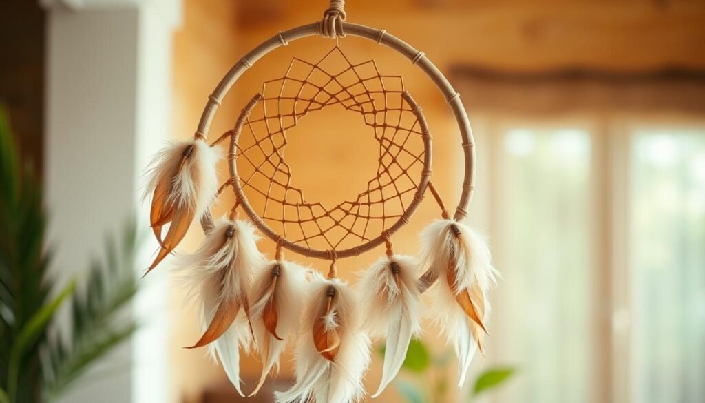 A rustic DIY dreamcatcher hoop hangs against a warm, earthy backdrop. The central hoop is crafted from natural rattan, its intricate webbing of woven threads forming a delicate, bohemian pattern. Soft, fluffy feathers in muted tones of beige and brown cascade gracefully from the hoop, their feathery textures catching the soft, diffused lighting. The dreamcatcher is positioned in the foreground, drawing the eye with its handcrafted charm, while the background features a blurred, natural scene - perhaps a cozy, sun-dappled corner of a room, or a lush, verdant outdoor setting. The overall mood is one of rustic elegance and artisanal craftsmanship, perfectly capturing the essence of a homemade, boho-inspired dreamcatcher.