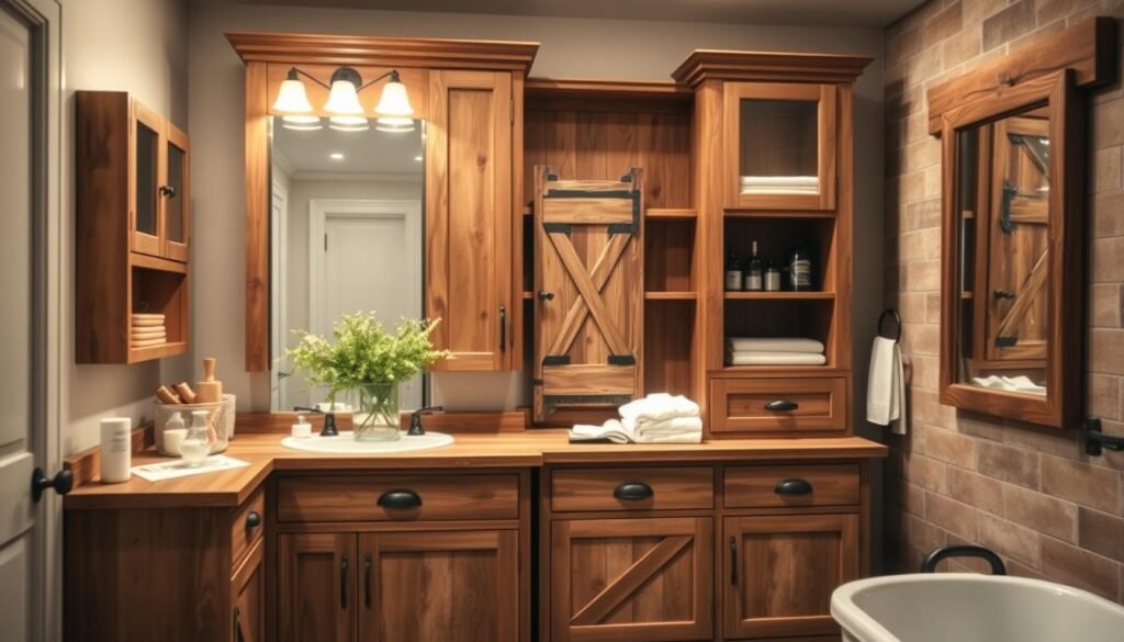 A rustic, farmhouse-inspired bathroom filled with a large, multi-purpose wooden cabinet. The cabinet has open shelves, cabinets, and drawers, providing ample storage and display space. Soft, warm lighting illuminates the scene, creating a cozy and inviting atmosphere. In the foreground, a decorative vase with fresh greenery sits atop the cabinet, adding a natural touch. The middle ground features wooden accents, such as a barn door or a distressed mirror frame, complementing the overall rustic aesthetic. The background showcases a tiled wall in earthy tones, enhancing the farmhouse-inspired ambiance. The entire scene exudes a sense of functionality, comfort, and timeless charm.