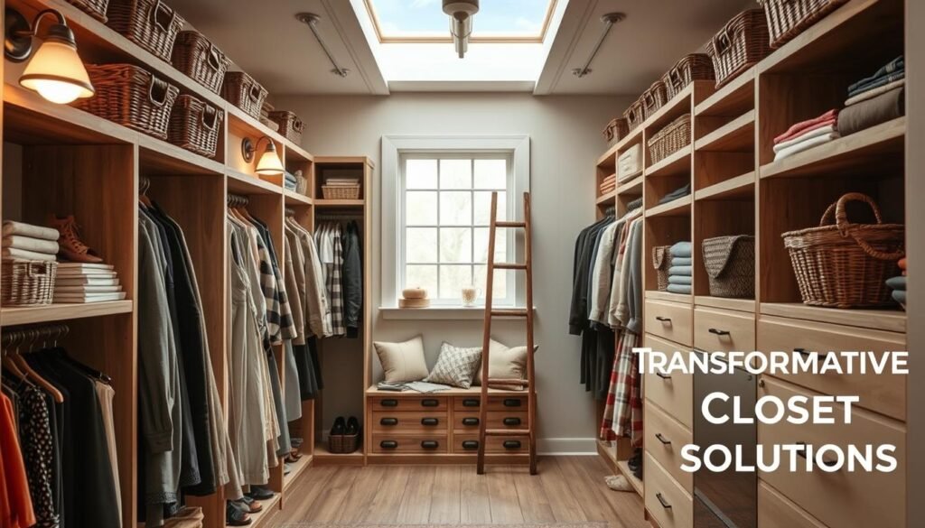 A rustic, farmhouse-inspired closet with reclaimed wood shelves, woven baskets, and vintage-inspired hardware. Soft, diffused lighting from sconces and a skylight create a warm, inviting atmosphere. The foreground features neatly organized clothing, shoes, and accessories, while the middle ground showcases a charming window seat with plush cushions. In the background, a ladder leans against the wall, adding a functional and decorative touch. The overall scene exudes a sense of order, coziness, and countryside charm, perfectly complementing the "Transformative Closet Solutions" theme.