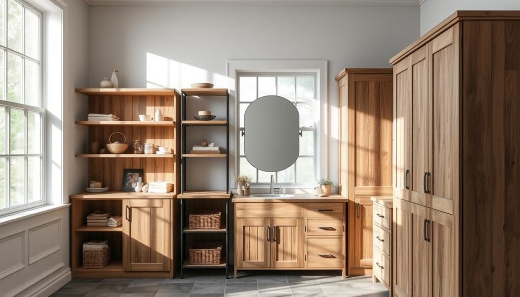 A rustic, farmhouse-inspired modular storage system with clean, minimalist lines. Wooden shelves and cabinets in a warm, weathered finish, complemented by iron or metal accents. The arrangement features a mix of open and closed storage, allowing for both display and concealment. Diffused natural light filters through large windows, casting soft shadows and highlights across the textured surfaces. The overall atmosphere is one of effortless, understated elegance - a perfect fit for a cozy, farmhouse-style bathroom.