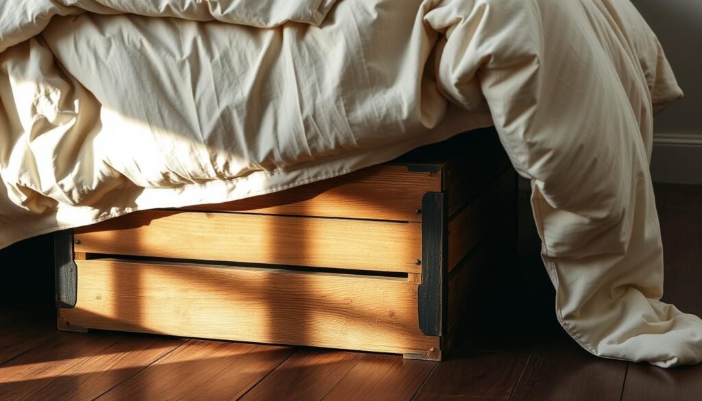 A rustic, farmhouse-inspired under-bed storage solution. A wooden crate or trunk rests on the floor, its weathered surface reflecting warm, natural lighting. Soft shadows cast across its front panels, adding depth and texture. The crate is partially obscured by a plush, off-white duvet that cascades over the bed's edge, creating a cozy, lived-in atmosphere. The background features wooden floorboards and a neutral-toned wall, accentuating the vintage charm of the scene. The overall composition evokes a sense of simplicity, functionality, and country-chic elegance.
