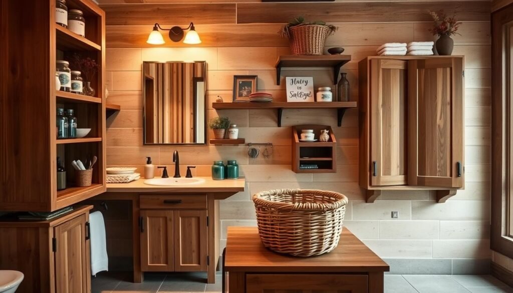 A rustic farmhouse-style bathroom, with wooden shelves and cabinets adorning the walls. The shelves are adorned with jars, baskets, and decorative accents, creating a charming and organized storage solution. Soft, warm lighting illuminates the scene, casting a cozy glow over the natural textures of the wood and the vintage-inspired decor. The tile floor is a neutral, earthy tone, complementing the overall rustic aesthetic. In the foreground, a woven basket sits atop a wooden vanity, adding to the curated, country-chic ambiance. The image captures the essence of smart, farmhouse-inspired bathroom storage that enhances the overall rustic charm of the space.