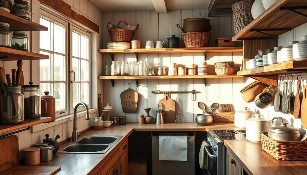 A rustic kitchen filled with farmhouse-inspired organization solutions. Wooden shelves, mason jars, and wicker baskets line the walls, creating a cozy and practical storage system. Soft natural lighting from a large window illuminates the space, casting warm shadows on the distressed wood and aged metal accents. Vintage kitchen tools and ceramics are neatly arranged, adding charming touches to the scene. The overall atmosphere is one of comfortable efficiency, perfect for a small kitchen space.