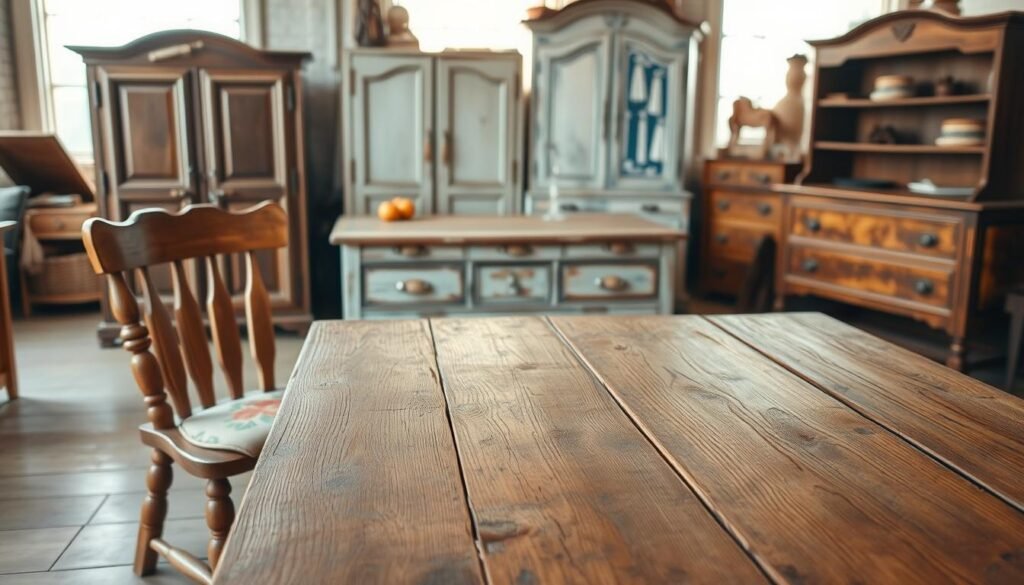 A rustic, well-worn wooden table stands in the foreground, its surface weathered and textured with the passage of time. Beside it, a sturdy, handcrafted wooden chair, its seat cushion a faded floral pattern, invites one to sit and admire the scene. In the middle ground, a collection of antique farmhouse furnishings - a weathered chest, a distressed armoire, and a sturdy wooden dresser - are arranged in a harmonious display, their aged finishes and imperfections telling stories of their storied pasts. The background is filled with soft, natural lighting filtering in through the windows, casting a warm, inviting glow over the entire scene, and creating a sense of timeless, rustic charm.