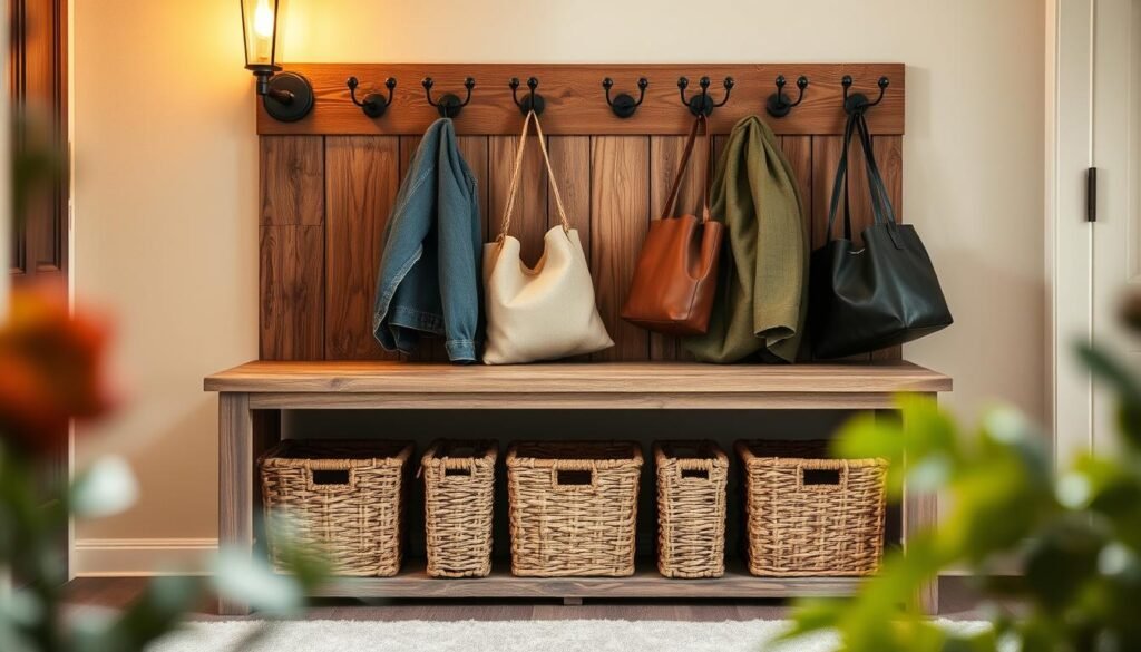A rustic wooden entryway bench with woven baskets underneath, set against a wall with decorative hooks for hanging coats and bags. Warm, soft lighting from a wall-mounted sconce casts a cozy glow, highlighting the natural textures of the weathered wood and woven textures. The scene is framed by a simple, minimalist design, emphasizing the functional yet stylish storage solution. Slight depth of field blur creates a sense of depth and focus on the main elements. The overall impression is one of a welcoming, practical, and visually appealing entryway space.