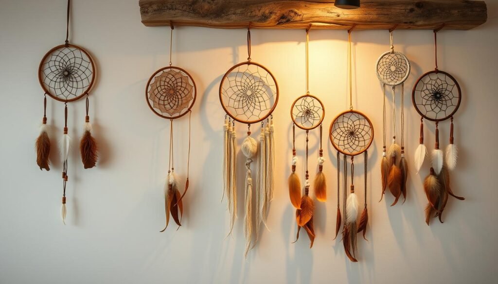A serene and inviting display of handcrafted dreamcatchers, artfully arranged against a neutral backdrop. The dreamcatchers feature intricate woven patterns and natural feathers, casting soft, ethereal shadows. Warm, diffused lighting illuminates the delicate textures and colors, creating a calming, spa-like atmosphere. The dreamcatchers are displayed on floating shelves or hanging from a rustic wooden beam, allowing each piece to be appreciated individually. The overall composition exudes a sense of tranquility and mindfulness, perfectly complementing the boho-inspired aesthetic of the DIY dreamcatcher project.