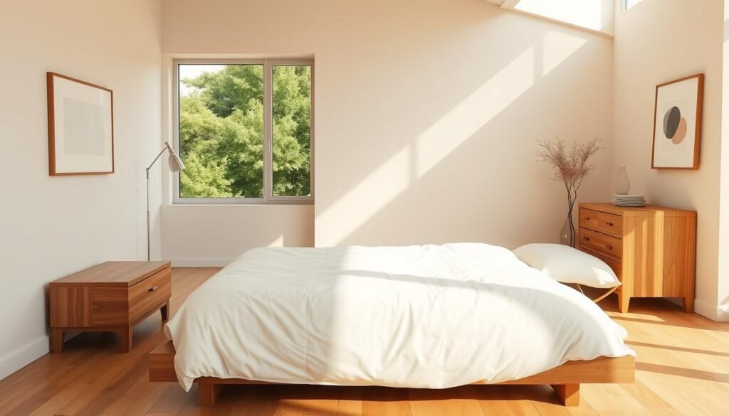 A serene and minimalist bedroom bathed in natural light, featuring a low-profile wooden bed frame with crisp white linens, complemented by a matching wooden nightstand and dresser. Warm, diffused lighting casts a soft glow, highlighting the organic texture and tones of the wooden furniture. The space is uncluttered, with a large window overlooking a lush, verdant landscape, creating a peaceful and restorative atmosphere. Minimal decor, such as a potted plant and a simple piece of abstract wall art, adds subtle visual interest. The composition is captured at a medium-wide angle, emphasizing the harmony and simplicity of the natural wood-toned elements within the tranquil, minimalist setting.