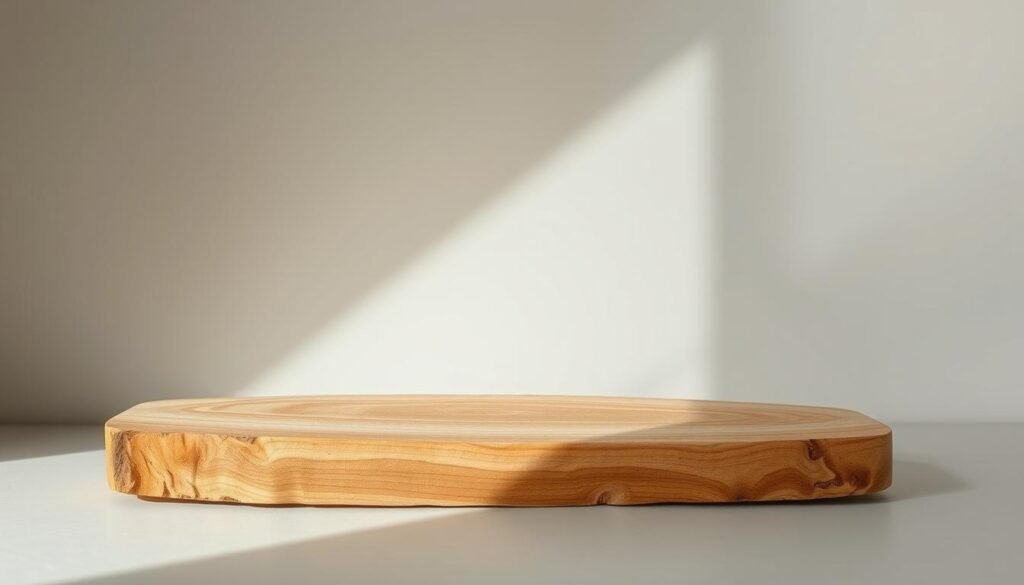 A serene minimalist composition featuring a natural wooden slab with a smooth, sanded surface. The slab is placed against a muted, neutral-toned backdrop, allowing the warm tones and tactile qualities of the wood to take center stage. Soft, diffused lighting from the side casts gentle shadows, highlighting the grain and texture of the wood. The overall scene radiates a sense of balance, calm, and harmony, inviting the viewer to appreciate the inherent beauty of the simple, natural material.