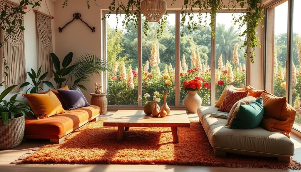 A serene, sun-dappled boho oasis, bursting with a vibrant, seasonal color palette. In the foreground, lush, textured rugs in earthy ochres and terracotta tones anchor the space, complemented by plush, jewel-toned velvet cushions in emerald, amethyst, and sapphire. Wispy macrame wall hangings and trailing vines frame the scene, casting soft, diffused lighting that highlights the natural wood tones of a statement coffee table. In the background, a large window reveals a tranquil outdoor scene, where a riot of blooming flowers in sunset hues - fuchsia, saffron, and peach - sway gently in the breeze, creating a warm, harmonious atmosphere that encapsulates the essence of bohemian style.