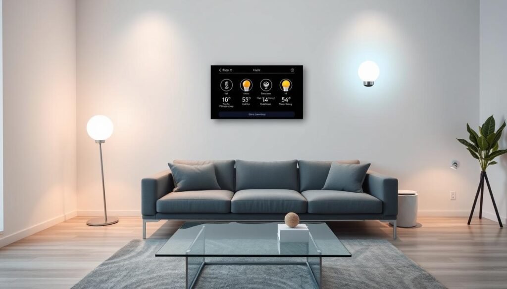 A sleek and modern smart lighting system with seamless integration of futuristic bulbs, touch-sensitive panels, and voice-controlled hubs. The scene depicts a minimalist living room with a crisp white wall, plush gray sofa, and a chic glass coffee table. Strategically placed lighting fixtures cast a warm, ambient glow, while a central control panel allows effortless adjustment of brightness, color temperature, and pre-programmed lighting scenes. The entire setup exudes a sense of technological sophistication and harmonious home automation, perfectly aligning with the theme of high-tech smart home gadgets for modern decor.