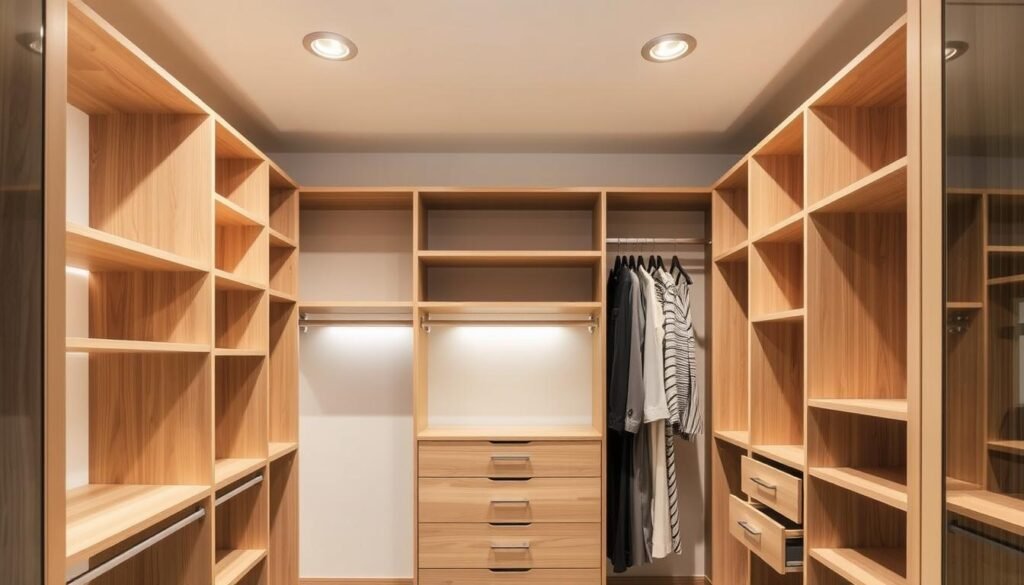 A sleek, minimalist closet organizer system featuring floating shelves, modular cubbies, and hidden drawers, meticulously arranged in a warm, well-lit space. Soft, diffused lighting from overhead fixtures casts a gentle glow, highlighting the clean lines and natural wood tones. The organizers are thoughtfully positioned to maximize storage and visual appeal, creating a serene, uncluttered atmosphere. The camera angle captures the depth and functionality of the system, showcasing its practical and aesthetic qualities in equal measure.