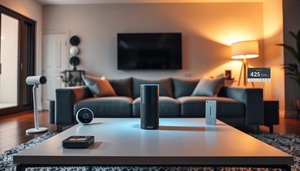 A sleek, modern living room with a prominent Amazon Alexa device placed on a minimalist coffee table. The room is bathed in warm, soft lighting, creating a cozy and inviting atmosphere. The Alexa device is the focal point, surrounded by various smart home gadgets like a security camera, thermostat, and smart lighting controls, all seamlessly integrated into the room's minimalist decor. The scene conveys the ease and convenience of voice-controlled smart home automation, perfectly complementing the "Voice-Controlled Smart Assistants" section of the article.