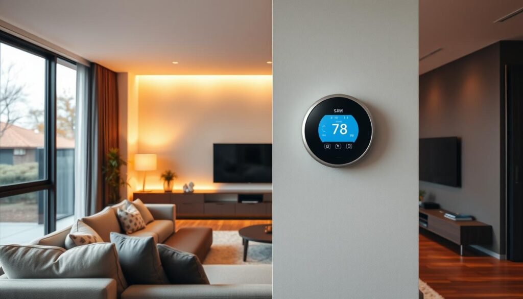 A sleek, modern living room with a prominent focus on a state-of-the-art smart thermostat. The thermostat is mounted on the wall, its minimalist design and intuitive interface blending seamlessly into the contemporary decor. Warm, diffused lighting emanates from hidden sources, creating a cozy and inviting atmosphere. The room's large windows allow natural light to flood in, illuminating the clean lines and neutral color palette. The smart thermostat takes center stage, its digital display and touch-sensitive controls hinting at the technological advancements that transform this living space into a highly efficient and customizable smart home.