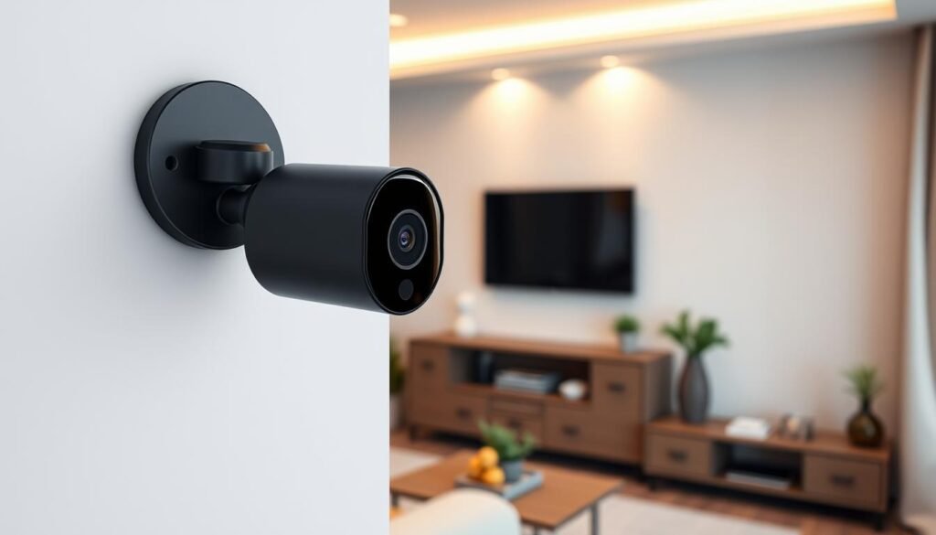 A sleek, modern smart home security camera mounted discreetly on a wall. The camera has a minimalist, cylindrical design with a glossy black finish. It features a high-resolution lens, motion sensors, and infrared night vision capabilities. The camera is set against a backdrop of a warm, cozy living room with neutral tones, natural textures, and elegant decor elements like potted plants and a stylish wall-mounted TV. Soft, diffused lighting creates a welcoming atmosphere, emphasizing the camera's unobtrusive yet technologically advanced nature. The overall scene conveys a sense of security, comfort, and seamless integration of smart home technology into a refined, contemporary living space.