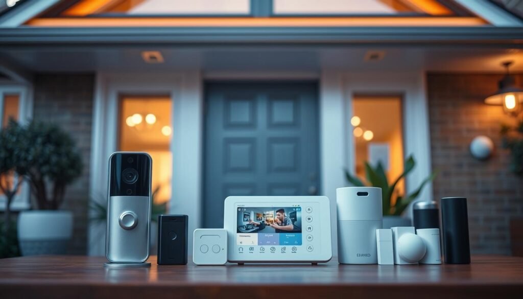 A sleek, modern smart home security setup with a variety of intelligent devices thoughtfully arranged. In the foreground, a state-of-the-art video doorbell with a high-resolution camera and motion sensors blends seamlessly into the home's exterior. Behind it, a smart security camera discreetly monitors the entrance, recording in crisp 4K. In the middle ground, a touchscreen control panel enables effortless management of the entire system, from arming the alarm to reviewing surveillance footage. In the background, smart lighting fixtures and window/door sensors complete the comprehensive security network, all connected and accessible via a smartphone app. The scene is bathed in warm, inviting lighting that accentuates the premium, high-tech aesthetic of the devices. Capturing the perfect balance of form and function, this image showcases the pinnacle of modern home security technology.