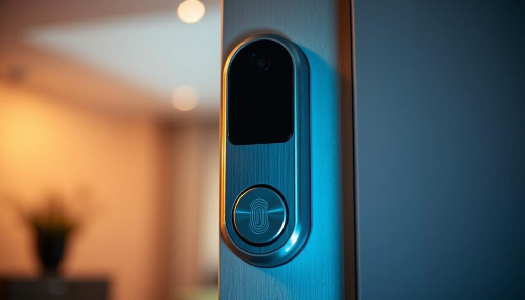 A sleek, modern smart lock with a brushed aluminum finish, close-up shot with dramatic lighting and depth of field. The lock is centered in the frame, showcasing its minimalist design and fingerprint sensor. The background is blurred, creating a sense of focus on the device. The lighting is a combination of warm and cool tones, casting subtle shadows and highlights to accentuate the lock's premium aesthetic. The angle emphasizes the lock's intuitive interface and seamless integration into a modern, high-tech home environment.