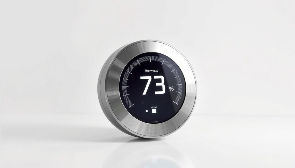 A sleek, modern smart thermostat against a minimalist white background. The device has a large, backlit display with simple touch controls. The brushed metal body reflects the soft, even lighting, creating a sense of sophistication and high-tech functionality. The thermostat is positioned at a slight angle, highlighting its streamlined design. The overall aesthetic is clean, polished, and visually engaging, capturing the essence of a cutting-edge climate control solution for the modern smart home.