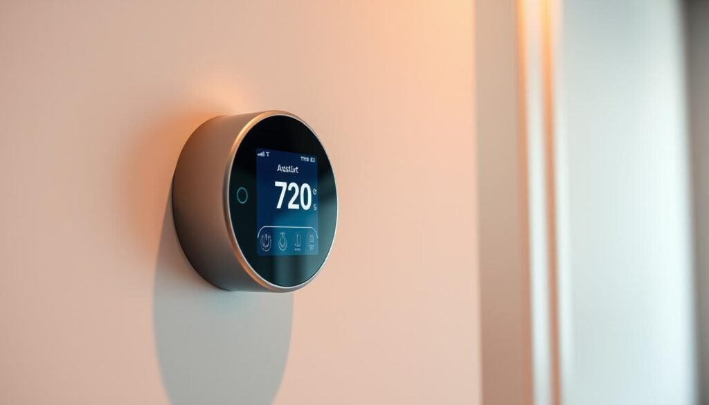 A sleek, modern smart thermostat mounted on a minimalist white wall, its touch screen display illuminated with a soft glow. The device's metallic body reflects the warm lighting of the room, creating a sophisticated ambiance. The thermostat's minimalist design seamlessly blends into the contemporary decor, with clean lines and a subtle yet striking presence. Detailed controls and sensors are visible, suggesting advanced temperature and climate monitoring capabilities. The overall scene conveys a sense of intelligent, efficient, and stylish climate management for the modern home.