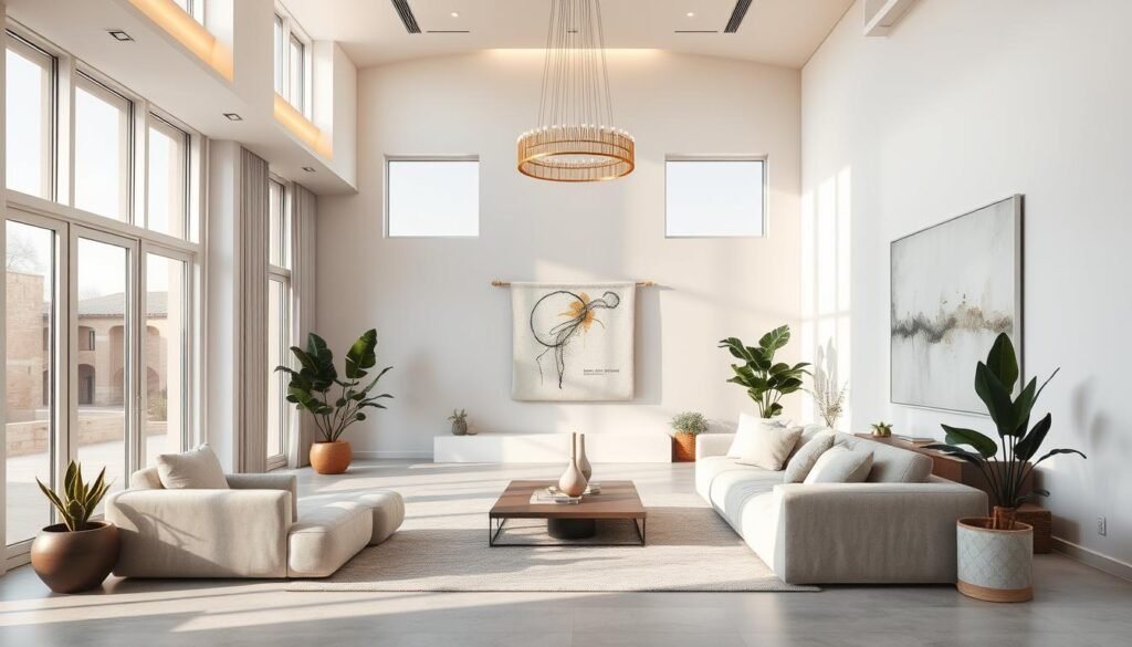 A spacious, airy living room with high ceilings and large windows that let in abundant natural light. Soft, muted tones of gray, white, and beige create a calming, minimalist aesthetic. Plush, oversized furniture, including a deep sectional sofa and an armchair, are arranged in a cozy conversation area. Strategically placed potted plants and a large, abstract wall hanging add texture and visual interest. The room is bathed in a warm, golden glow from recessed lighting and a modern, statement chandelier. The overall scene conveys a sense of understated elegance and harmonious proportions, inviting relaxation and contemplation.