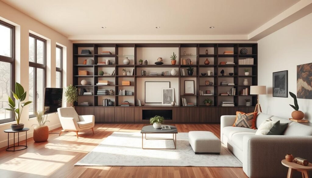 A spacious living room with a modern, minimalist aesthetic. The focal point is a large, built-in shelving unit that spans the entire back wall, creating a stunning architectural feature. The shelves are filled with an array of decorative items, books, and potted plants, adding depth and visual interest. The room is bathed in warm, natural light filtering in through large windows, casting a cozy glow. The hardwood floors and neutral color palette contribute to the serene, relaxing atmosphere. A plush, oversized sofa and armchair provide comfortable seating, inviting the viewer to imagine themselves relaxing in this inviting space.