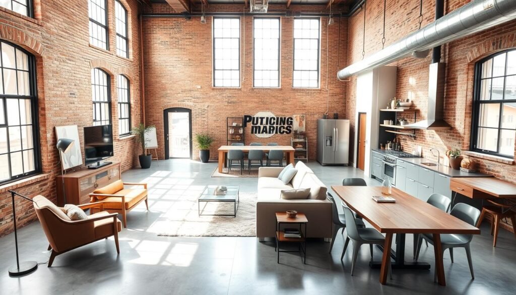A spacious, sun-drenched industrial-style loft with an open floor plan. Exposed brick walls, polished concrete floors, and large windows that flood the space with natural light. In the center, a comfortable living area with a plush L-shaped sofa and mid-century inspired armchairs. Thoughtful industrial decor elements, such as a metal coffee table and a vintage-inspired floor lamp, accentuate the aesthetic. The kitchen seamlessly flows into the living space, featuring sleek stainless steel appliances and minimalist cabinetry. Warm wooden accents, like the dining table and shelving, provide a cozy balance. The overall atmosphere is one of modern, airy sophistication, showcasing how open layouts can elevate urban industrial living.