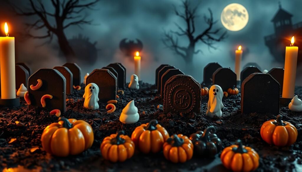 A spooky Halloween dessert graveyard, bathed in warm, flickering candlelight. Rows of gravestones made of dark chocolate, dusted with edible dirt and surrounded by broken cookie crumbs. Gummy worm "vines" crawl up the sides, while meringue "ghosts" hover nearby. In the foreground, a centerpiece of chocolate-dipped fruit and candy pumpkins, casting long shadows. The background is a moody, atmospheric setting, with a hazy, overcast sky and a haunting, full moon peeking through the mist. The overall mood is eerie, whimsical, and delightfully spooky, perfect for elevating a Halloween party's food display.