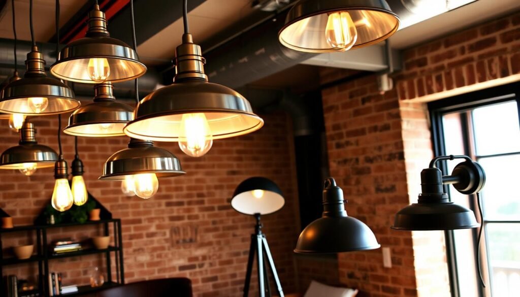 A striking array of industrial-style lighting fixtures showcase their rugged charm in a cozy, urban living space. Suspended from the ceiling, a series of sleek, metal pendant lamps with exposed bulbs cast a warm, ambient glow. In the foreground, a pair of adjustable wall sconces in a matte black finish provide targeted illumination, complementing the industrial-chic aesthetic. The middle ground features a statement floor lamp with a tripod base and a dome-shaped shade, adding depth and visual interest to the scene. Completed by the exposed brick walls and hardwood floors, this image captures the perfect balance of industrial edge and inviting comfort.