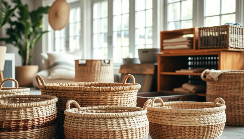 A stylish and functional boho-inspired storage solution. In the foreground, a set of woven baskets in earthy tones and natural textures, arranged in a visually pleasing manner. In the middle ground, additional storage pieces such as wooden crates and wicker trays, creating a cohesive and harmonious display. The background features a warm, inviting space with natural lighting filtering in through large windows, highlighting the organic materials and neutral color palette. The overall mood is one of relaxed sophistication, emphasizing the importance of practical yet aesthetically pleasing storage options.