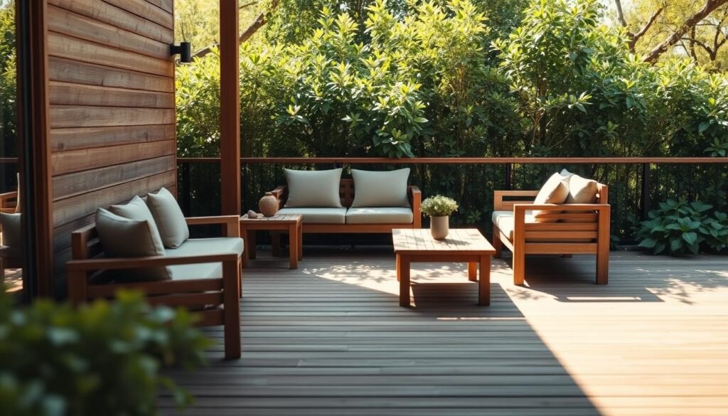 A tranquil outdoor space with a wooden deck, bathed in soft, natural lighting. A minimalist yet inviting arrangement of wooden furniture, including a low-profile couch and matching side tables, invites relaxation. The deck is surrounded by lush, verdant greenery, creating a serene, nature-inspired ambiance. The scene is captured from a slightly elevated angle, emphasizing the clean lines and harmonious integration of the wooden elements with the natural environment. This peaceful, restorative setting evokes a sense of calm and a desire to step outside and immerse oneself in the beauty of the outdoors.