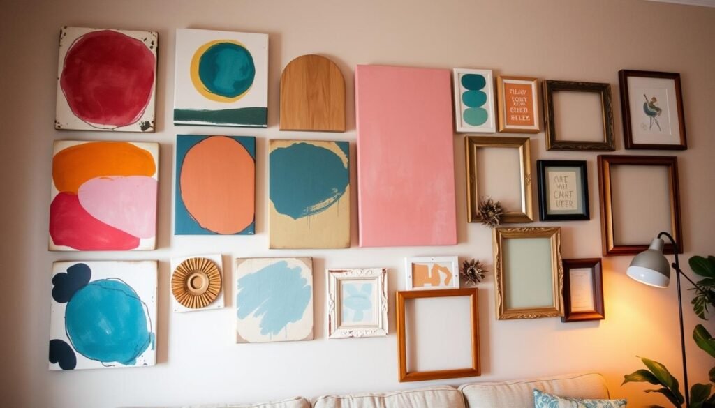 A vibrant and budget-friendly wall art display, featuring an eclectic mix of abstract shapes, hand-painted canvases, and repurposed vintage frames. Soft, warm lighting illuminates the carefully curated arrangement, creating a cozy and inviting ambiance. The composition plays with varying textures, sizes, and color palettes, seamlessly blending modern and rustic elements to reflect the personality of the space. The scene is captured from a slightly elevated angle, showcasing the artful and visually striking display against a backdrop of neutral-toned walls, adding depth and visual interest to the overall scene.