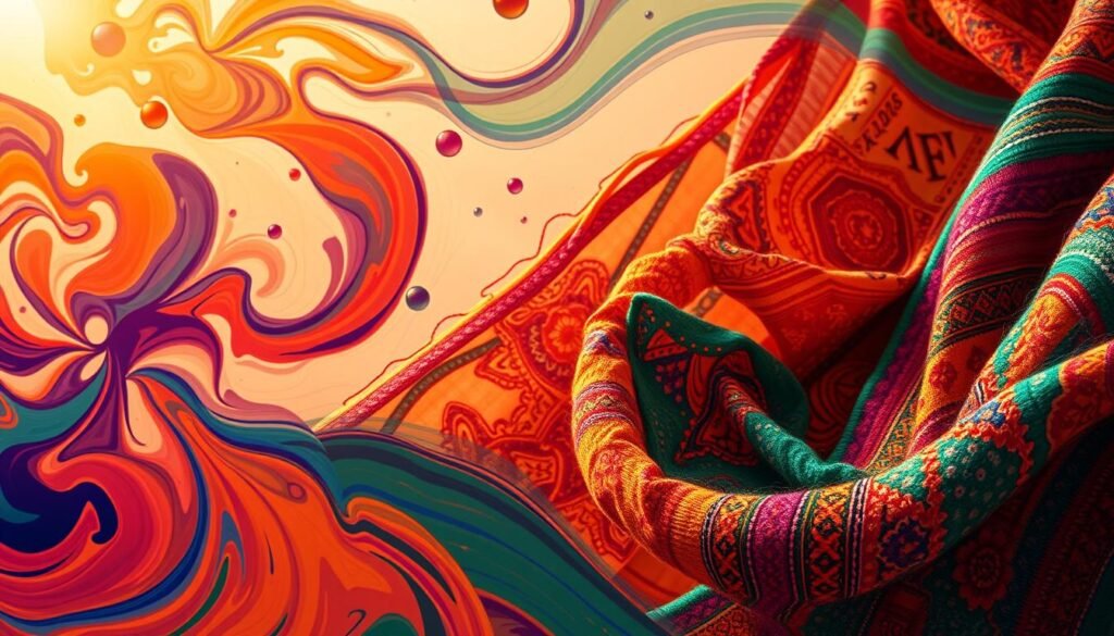 A vibrant, bohemian-inspired color philosophy masterpiece. In the foreground, a kaleidoscope of rich, jewel-toned hues - deep indigo, fiery orange, and lush emerald green - swirl and blend in a mesmerizing, abstract pattern. In the middle ground, intricate, hand-woven textiles in complementary shades cascade, their intricate patterns and textures adding depth and visual interest. The background is a soft, dreamy gradient, hinting at the boundless creativity and free-spirited essence of the bohemian aesthetic. Warm, diffused lighting bathes the entire scene, creating a sense of warmth, depth, and artistic flair. Photorealistic in quality, this image encapsulates the vibrant color philosophy at the heart of the bohemian design ethos.