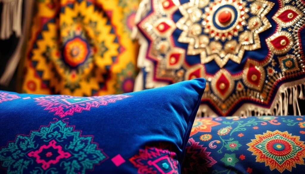 A vibrant, bohemian-inspired textile scene featuring a captivating mix of bold patterns, intricate designs, and rich, saturated colors. In the foreground, a plush velvet pillow with a Moroccan-inspired geometric motif in shades of cobalt, turquoise, and fuchsia. In the middle ground, a lush, textured tapestry with a paisley pattern in hues of mustard, terracotta, and olive green. In the background, a shimmering, metallic-threaded wall hanging with a celestial-inspired pattern in glittering gold, bronze, and midnight blue. Soft, diffused lighting illuminates the textiles, creating a warm, inviting atmosphere. The overall composition exudes a sense of vibrant, bohemian elegance.