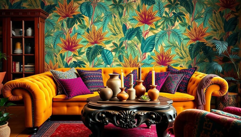 A vibrant, boho-chic interior with lush, saturated hues of jewel-toned velvet, burnished wood, and plush textiles. In the foreground, a plush tufted sofa in a rich mustard yellow is adorned with patterned throw pillows in deep crimson and indigo. In the middle ground, a carved wooden coffee table is topped with a collection of eclectic vases, candles, and plants in terracotta and earthen tones. The background features a vibrant, tropical-inspired wallpaper in shades of turquoise, emerald, and fuchsia, creating a lush, immersive atmosphere. Soft, diffused lighting casts a warm, inviting glow throughout the space, heightening the cozy, bohemian ambiance.