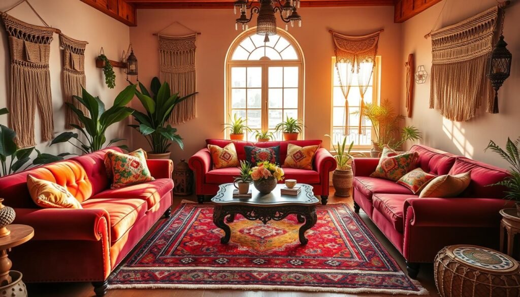 A vibrant boho-chic living room, bathed in warm golden light from a large window. Plush, jewel-toned velvet sofas and armchairs are arranged around a low, ornate coffee table. Colorful patterned rugs, macrame wall hangings, and potted plants add layers of texture and visual interest. Eclectic decor elements like brass lanterns, embroidered pillows, and carved wooden accents create an inviting, cozy atmosphere. The room is infused with a sense of worldly, bohemian flair, drawing the viewer into a serene, harmonious space.