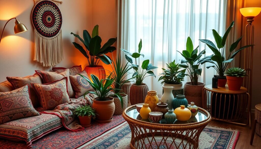 A vibrant boho color palette with a blend of earthy tones, rich jewel hues, and vivid patterns. In the foreground, a collection of hand-woven textiles, including a plush area rug, patterned throw pillows, and a macrame wall hanging. The middle ground features lush potted plants in terracotta pots and a rattan side table with a glass top displaying an assortment of colorful ceramic vessels. The background showcases warm, ambient lighting from a brass floor lamp and natural light filtering through sheer curtains, creating a cozy and inviting atmosphere. The overall scene radiates a sense of bohemian elegance and harmonious balance.