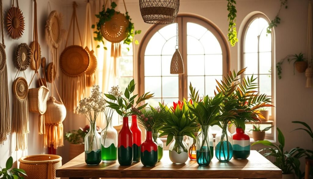 A vibrant boho-inspired home DIY project scene, bathed in warm, natural lighting. In the foreground, an assortment of colorful, handcrafted macrame wall hangings and woven baskets adorn the walls. In the middle ground, a rustic wooden table showcases an array of paint-dipped glass vases overflowing with lush, tropical foliage. The background features a large, arched window overlooking a lush outdoor landscape, casting a soft, diffused glow throughout the space. The overall atmosphere is one of earthy elegance, creative expression, and a touch of bohemian flair.