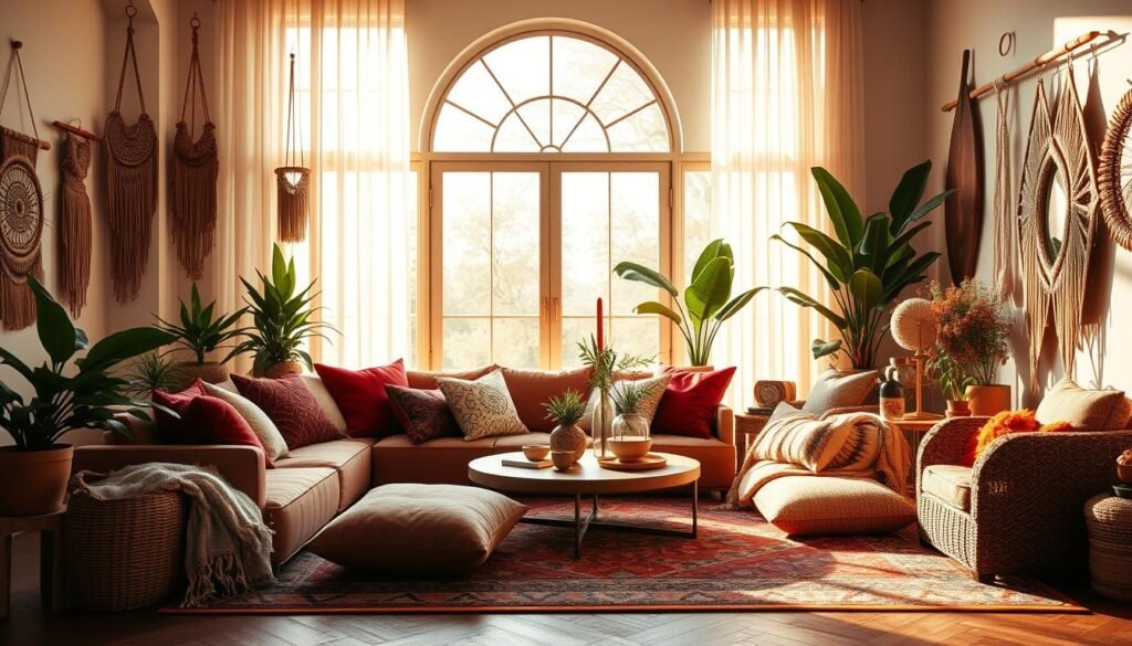 A vibrant, boho-inspired living room with abundant natural light filtering through sheer curtains. Plush, jewel-toned pillows and throws adorn a large, patterned area rug. Potted plants and macrame wall hangings add organic textures, while an eclectic mix of wooden and metallic accents create visual interest. A large, arched window frames the scene, casting a warm, golden glow over the space. The overall atmosphere is one of relaxed, bohemian elegance.