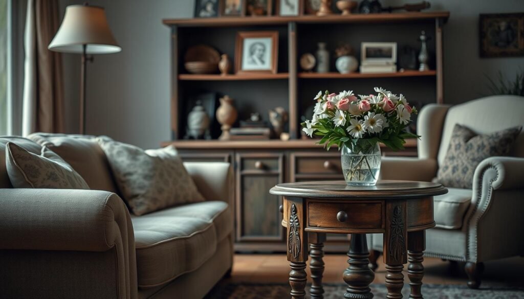 A warm, inviting living room with a cozy, farmhouse-style sofa and armchair. A beautifully aged wooden end table with delicate carved details stands in the foreground, its surface adorned with a vase of fresh flowers. Soft, diffused lighting from a nearby floor lamp creates a gentle, nostalgic ambiance. In the background, a vintage-inspired wall unit displays an assortment of antique-inspired decor, including framed artwork and decorative trinkets. The overall scene exudes a sense of timeless elegance and careful curation, inspiring the viewer to thoughtfully care for their own antique-inspired furnishings.
