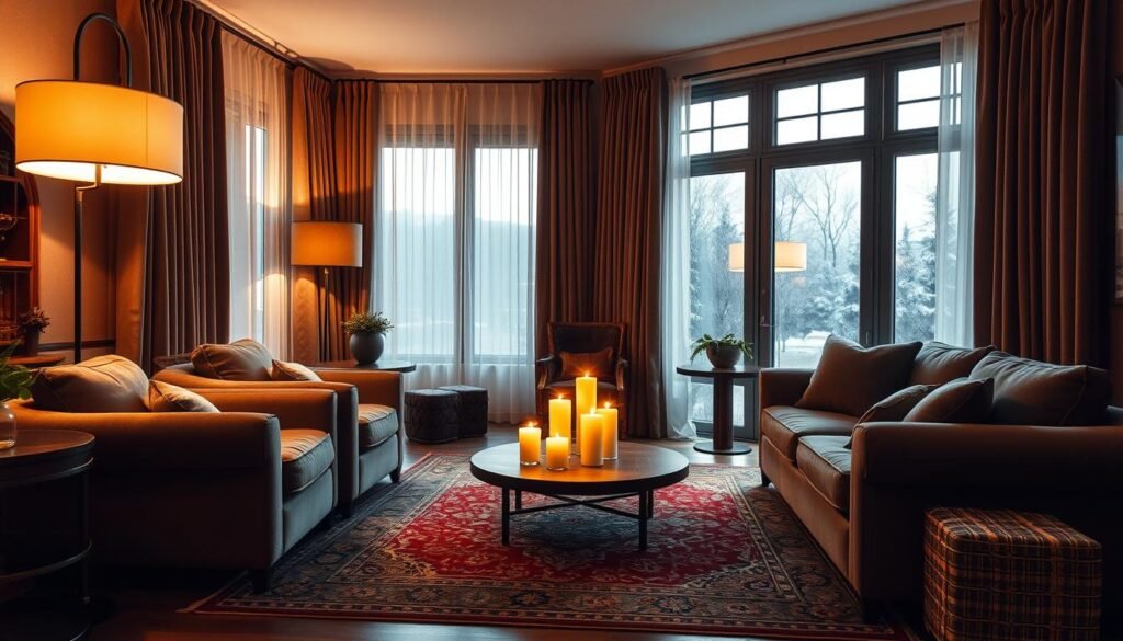 A warm, inviting living room with cozy ambient lighting. Soft, diffused light from a large floor lamp casts a gentle glow across plush, oversized armchairs and a deep, velvet sofa. Candlelight flickers on a wooden coffee table, complemented by the warm tones of a Persian rug and heavy drapes that frame a large window. The space has a sense of intimacy and relaxation, perfect for curling up with a book or chatting with friends on a chilly evening.